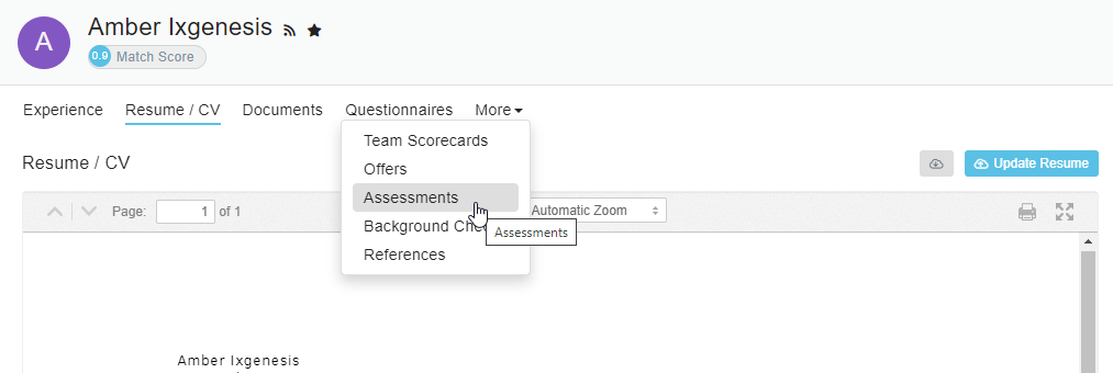 Assessments on the More menu